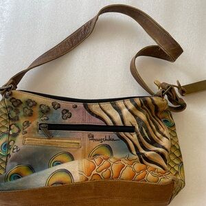 Anuschka Artistic Leather Shoulder Bag with Earthy Tones and Multi Pockets